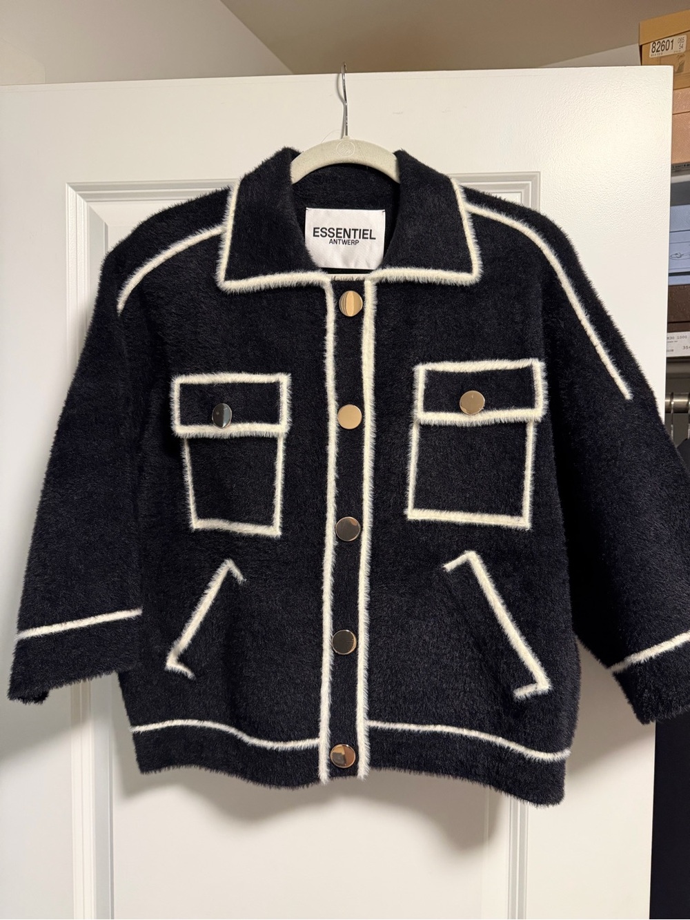 Black Fuzzy Jacket with White Trim